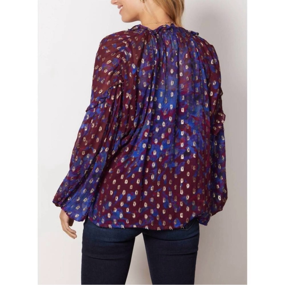 Evereve Purple Floral Sheer Tie-Neck Blouse - Picture 11 of 12